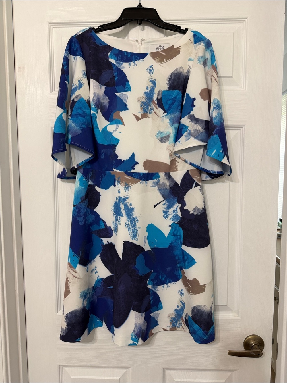 Badgley Mischka Blue and White Abstract Floral Fit-and-Flare Dress
